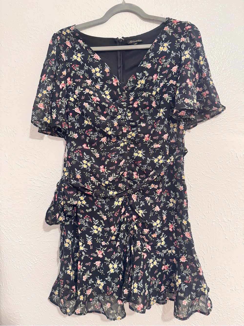 Floral Wrap Mini Dress in Black with Pink & Yellow Blooms